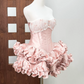 Unique Strapless Ruffles Homecoming Dress Pink Bows A-Line Party Dress C9484