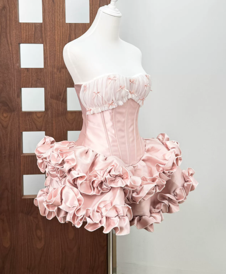 Unique Strapless Ruffles Homecoming Dress Pink Bows A-Line Party Dress C9484