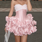 Unique Strapless Ruffles Homecoming Dress Pink Bows A-Line Party Dress C9484