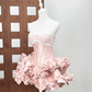 Unique Strapless Ruffles Homecoming Dress Pink Bows A-Line Party Dress C9484