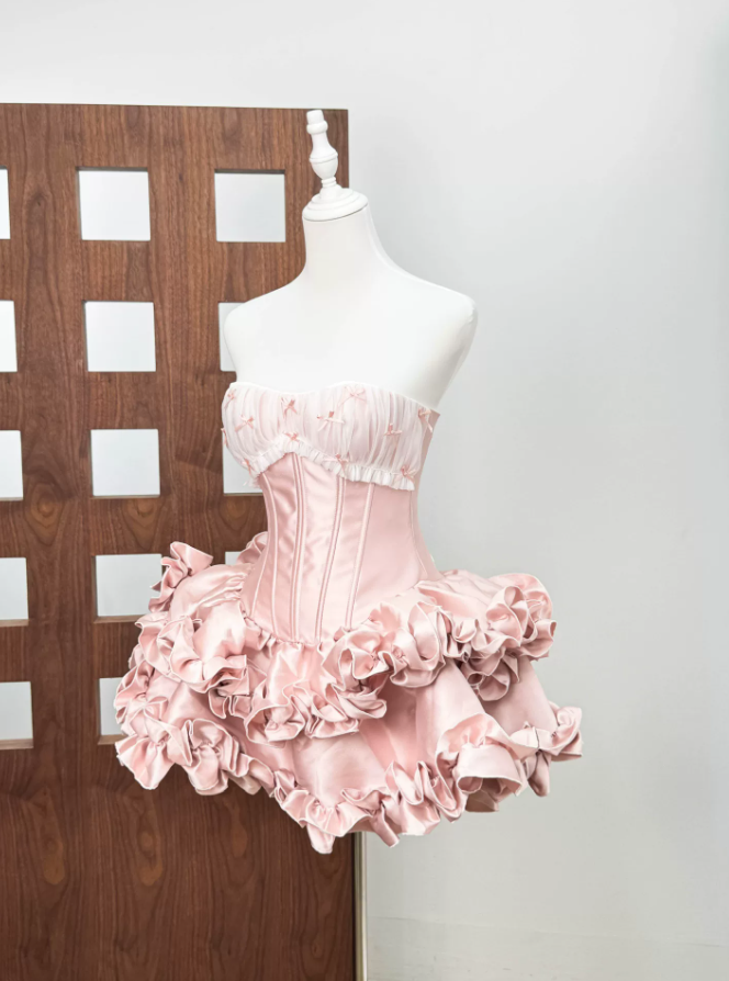 Unique Strapless Ruffles Homecoming Dress Pink Bows A-Line Party Dress C9484