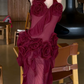 Glam Halter Neck Ruffles Prom Dress Red Floral Sheath Evening Dress C9485