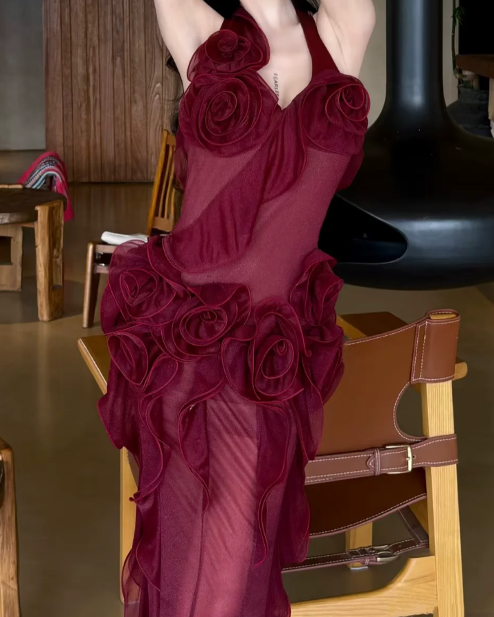 Glam Halter Neck Ruffles Prom Dress Red Floral Sheath Evening Dress C9485