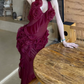 Glam Halter Neck Ruffles Prom Dress Red Floral Sheath Evening Dress C9485