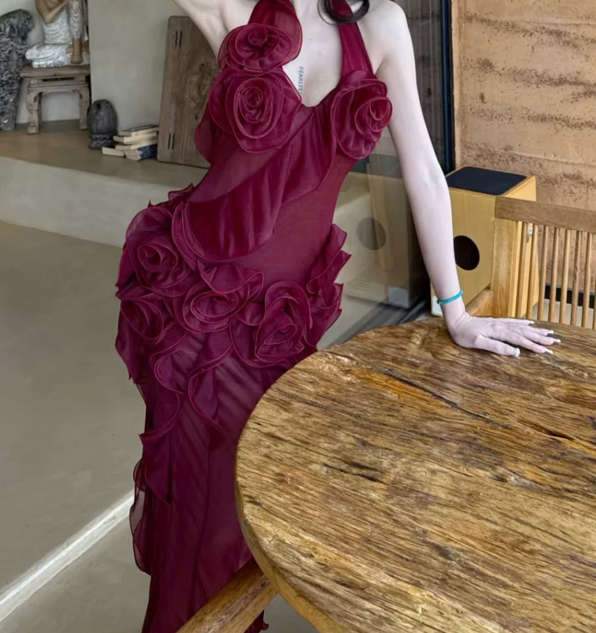 Glam Halter Neck Ruffles Prom Dress Red Floral Sheath Evening Dress C9485