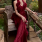 Glam Halter Neck Ruffles Prom Dress Red Floral Sheath Evening Dress C9485