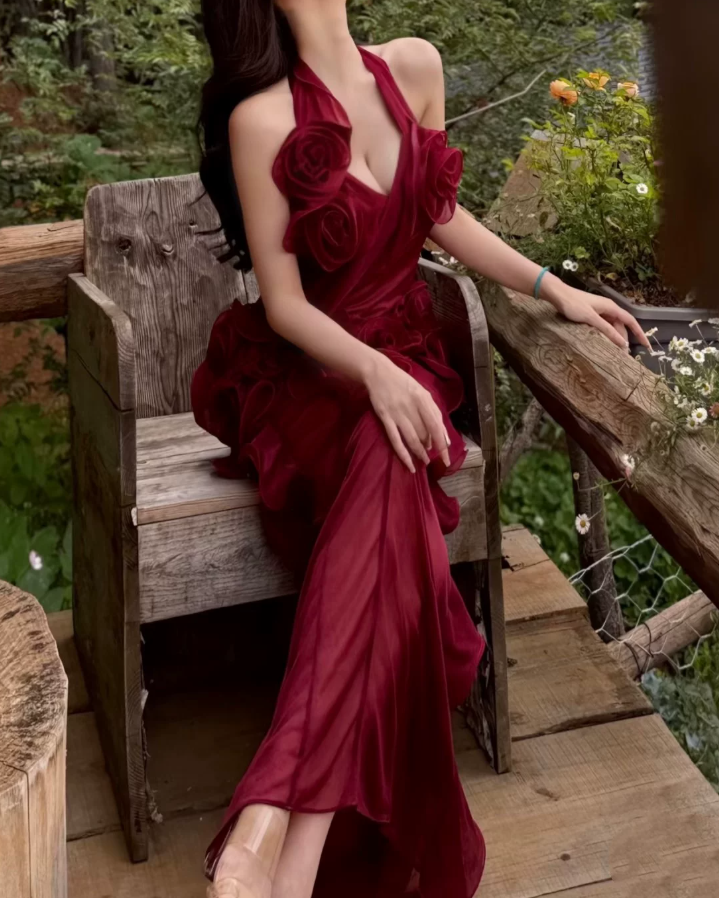 Glam Halter Neck Ruffles Prom Dress Red Floral Sheath Evening Dress C9485