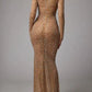 Ornate Long Sleeve Prom Dress Square Neck Sequins Sheath Evening Dress C9487
