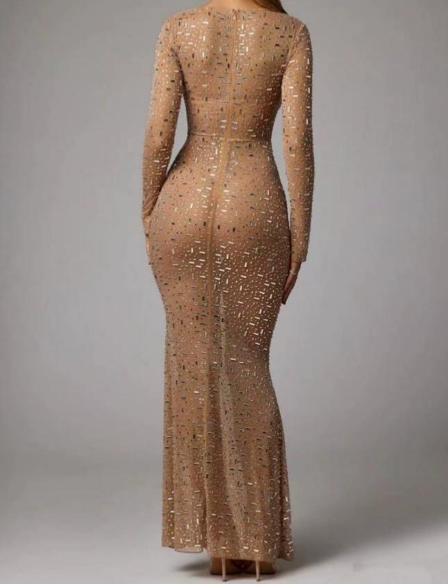 Ornate Long Sleeve Prom Dress Square Neck Sequins Sheath Evening Dress C9487