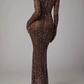 Ornate Long Sleeve Prom Dress Square Neck Sequins Sheath Evening Dress C9487