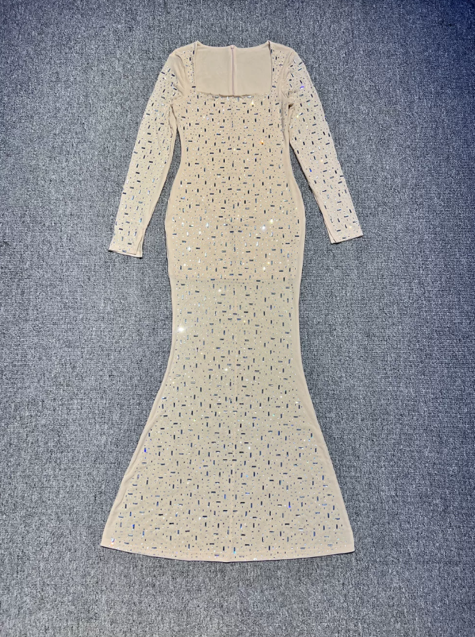 Ornate Long Sleeve Prom Dress Square Neck Sequins Sheath Evening Dress C9487