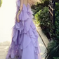 Dreamy Halter Neck Purple Prom Dress Ruffles Tiered A-Line Evening Dress C9488