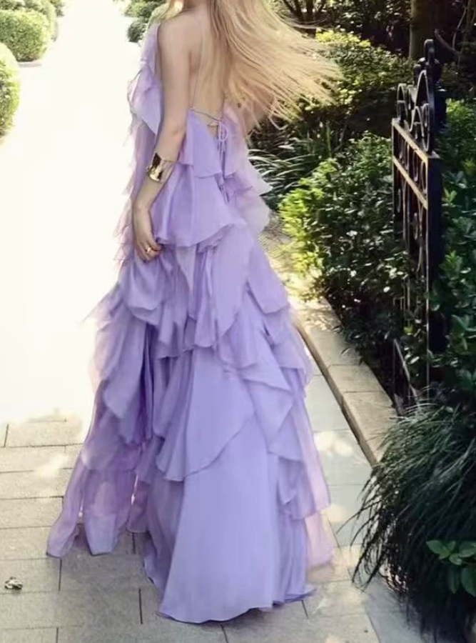 Dreamy Halter Neck Purple Prom Dress Ruffles Tiered A-Line Evening Dress C9488