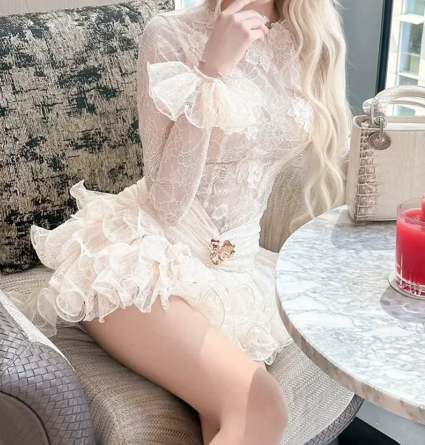 Adorable Jewel Neck Homecoming Dress Lace Ruffled A-Line Party Dress C9490