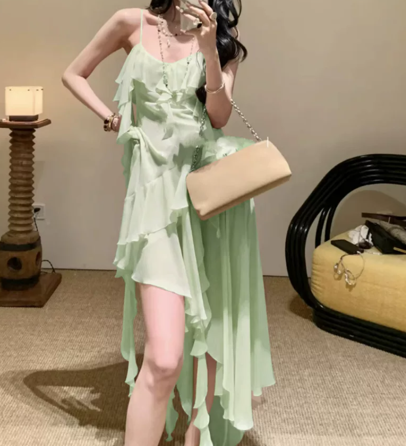 Charming Spaghetti Strap Prom Dress Ruffles Mermaid Evening Dress C9508