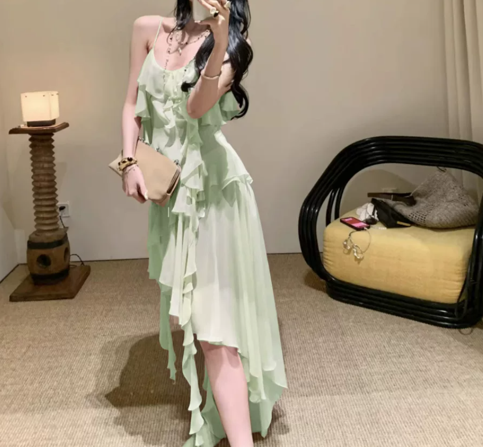 Charming Spaghetti Strap Prom Dress Ruffles Mermaid Evening Dress C9508