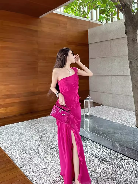 Sexy Sheath One Shoulder Slit Chiffon Long Prom Dress With Ruffles C950