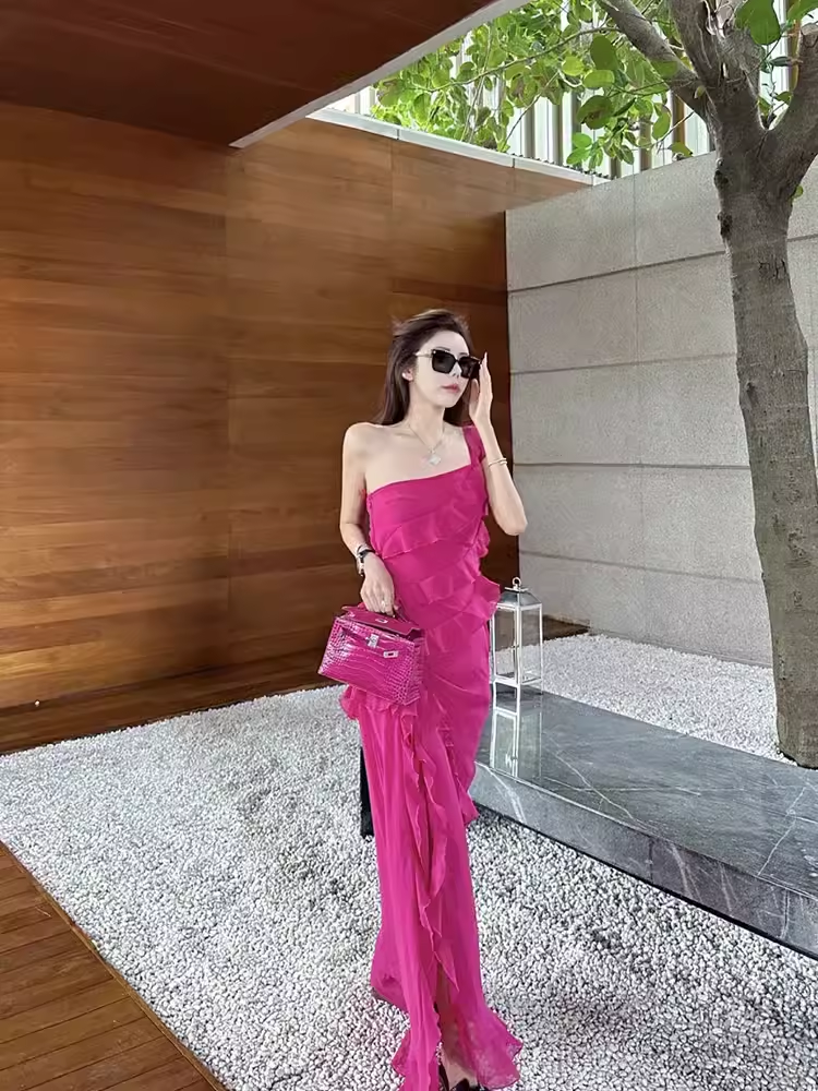 Sexy Sheath One Shoulder Slit Chiffon Long Prom Dress With Ruffles C950