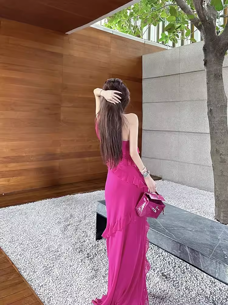 Sexy Sheath One Shoulder Slit Chiffon Long Prom Dress With Ruffles C950