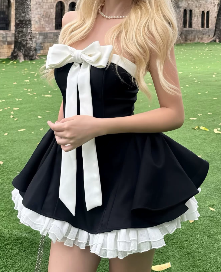 Playful Strapless Black Homecoming Dress Bow A-Line Party Dress C9514