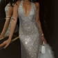 Sparkling Halter Neck Prom Dress Sequins Backless Mermaid Evening Dress C9515