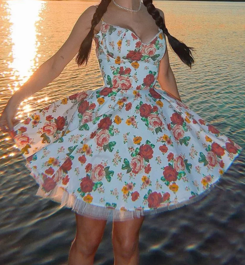 Charming Spaghetti Strap Homecoming Dress Tulle Floral A-Line Party Dress C9517