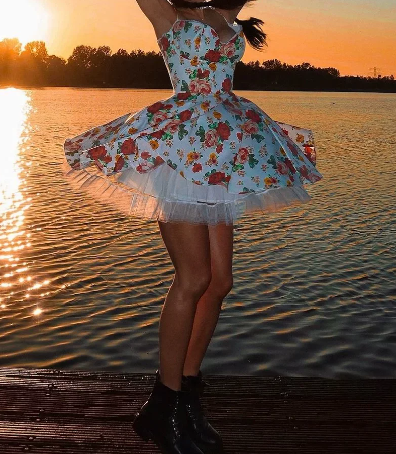 Charming Spaghetti Strap Homecoming Dress Tulle Floral A-Line Party Dress C9517