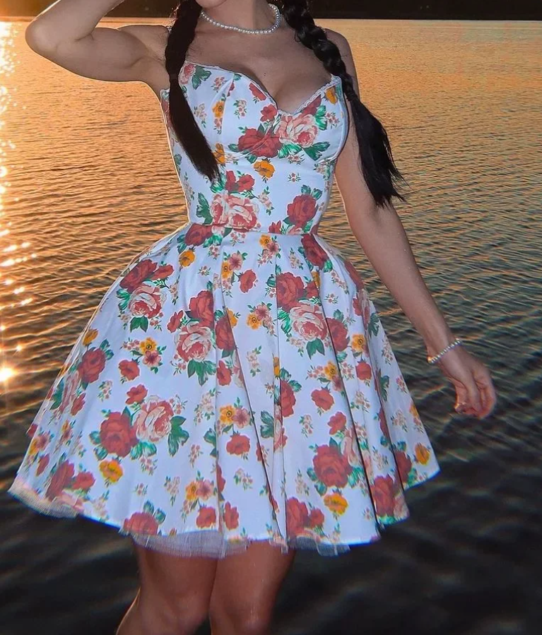 Charming Spaghetti Strap Homecoming Dress Tulle Floral A-Line Party Dress C9517