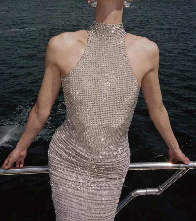 Alluring Halter Neck Backless Prom Dress Sequins Sheath Evening Dress C9521