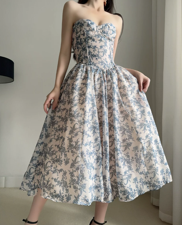Sleek Strapless Blue Prom Dress Floral A-Line Evening Dress C9523