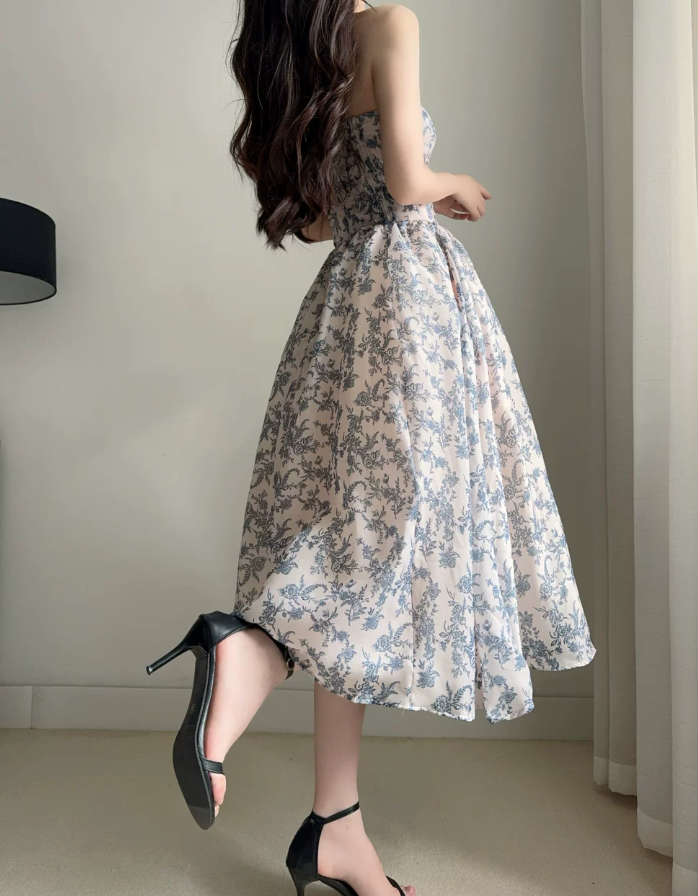 Sleek Strapless Blue Prom Dress Floral A-Line Evening Dress C9523