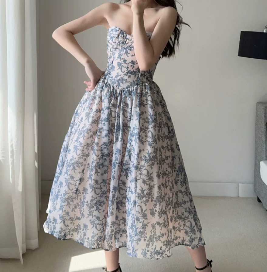 Sleek Strapless Blue Prom Dress Floral A-Line Evening Dress C9523