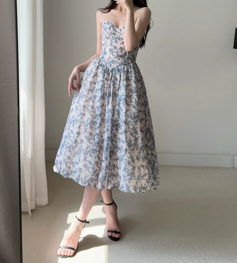 Sleek Strapless Blue Prom Dress Floral A-Line Evening Dress C9523