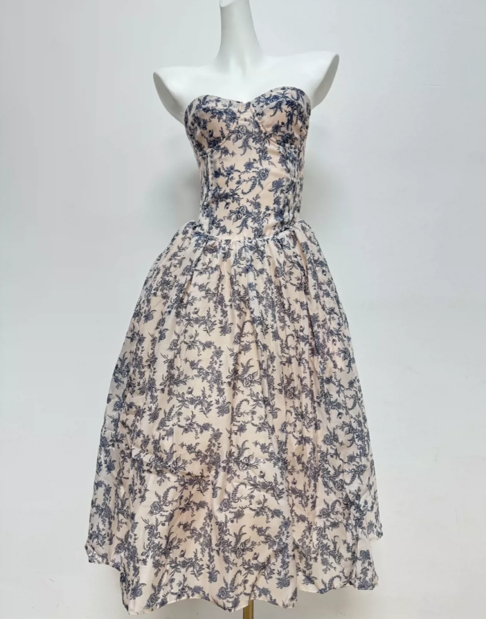 Sleek Strapless Blue Prom Dress Floral A-Line Evening Dress C9523
