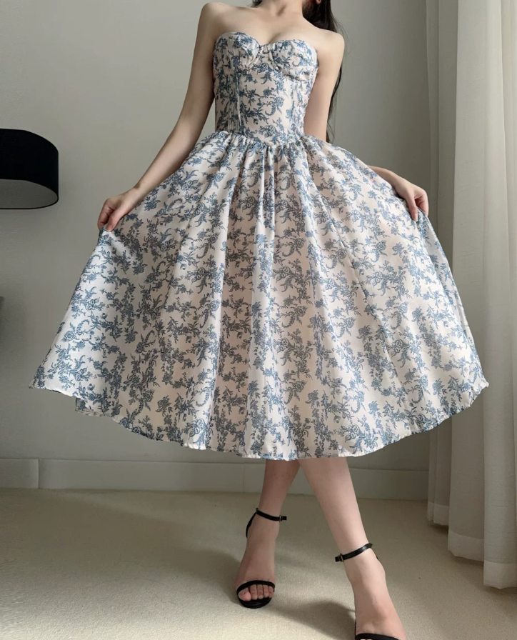 Sleek Strapless Blue Prom Dress Floral A-Line Evening Dress C9523