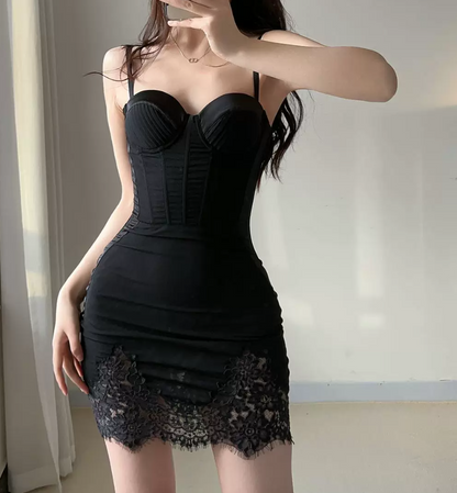 Sleek Spaghetti Strap Homecoming Dress Lace Sheath Party Dress C9526