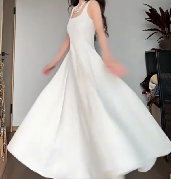 Glam Spaghetti Strap White Prom Dress Satin A-Line Evening Dress C9528