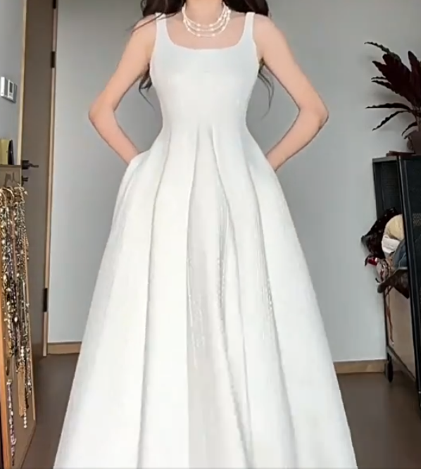 Glam Spaghetti Strap White Prom Dress Satin A-Line Evening Dress C9528