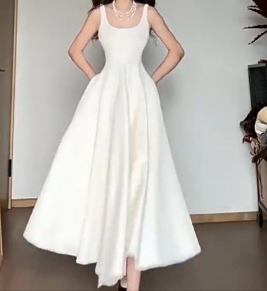 Glam Spaghetti Strap White Prom Dress Satin A-Line Evening Dress C9528