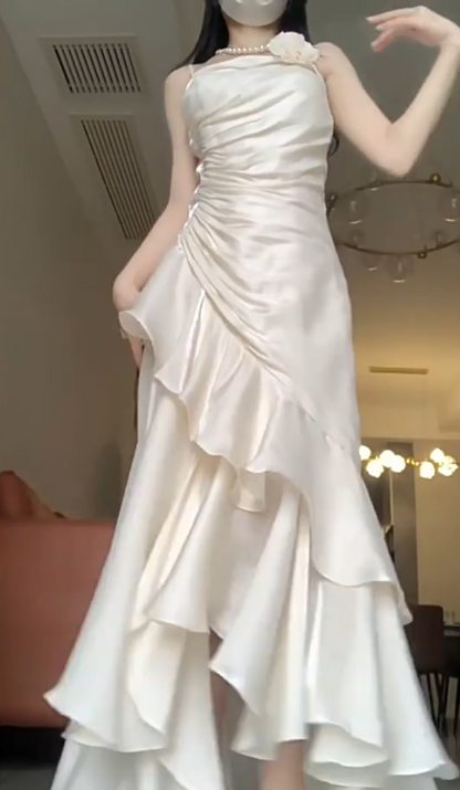 Robe de bal de princesse bustier à volants en satin long, robe de soirée C8117