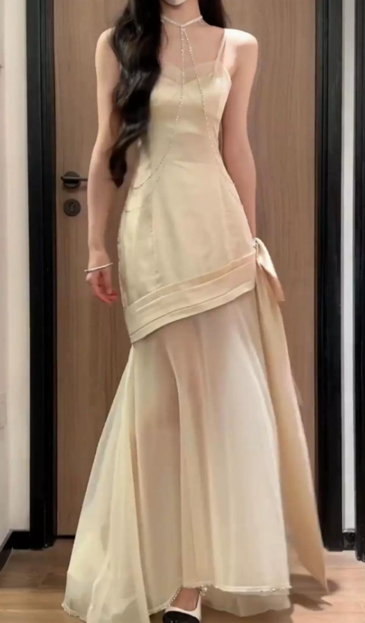 Chic Spaghetti Strap Prom Dress Beige Tulle Mermaid Evening Dress C9534