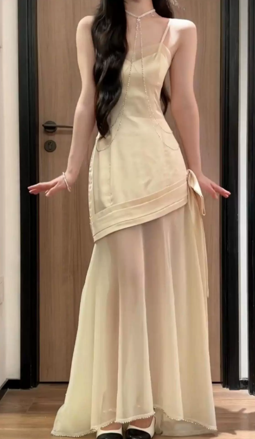 Chic Spaghetti Strap Prom Dress Beige Tulle Mermaid Evening Dress C9534