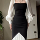Classical Square Neck Black & White Prom Dress Long Sleeve Mermaid Evening Dress C9535