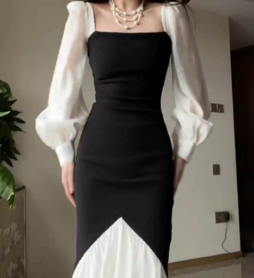 Classical Square Neck Black & White Prom Dress Long Sleeve Mermaid Evening Dress C9535
