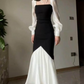 Classical Square Neck Black & White Prom Dress Long Sleeve Mermaid Evening Dress C9535