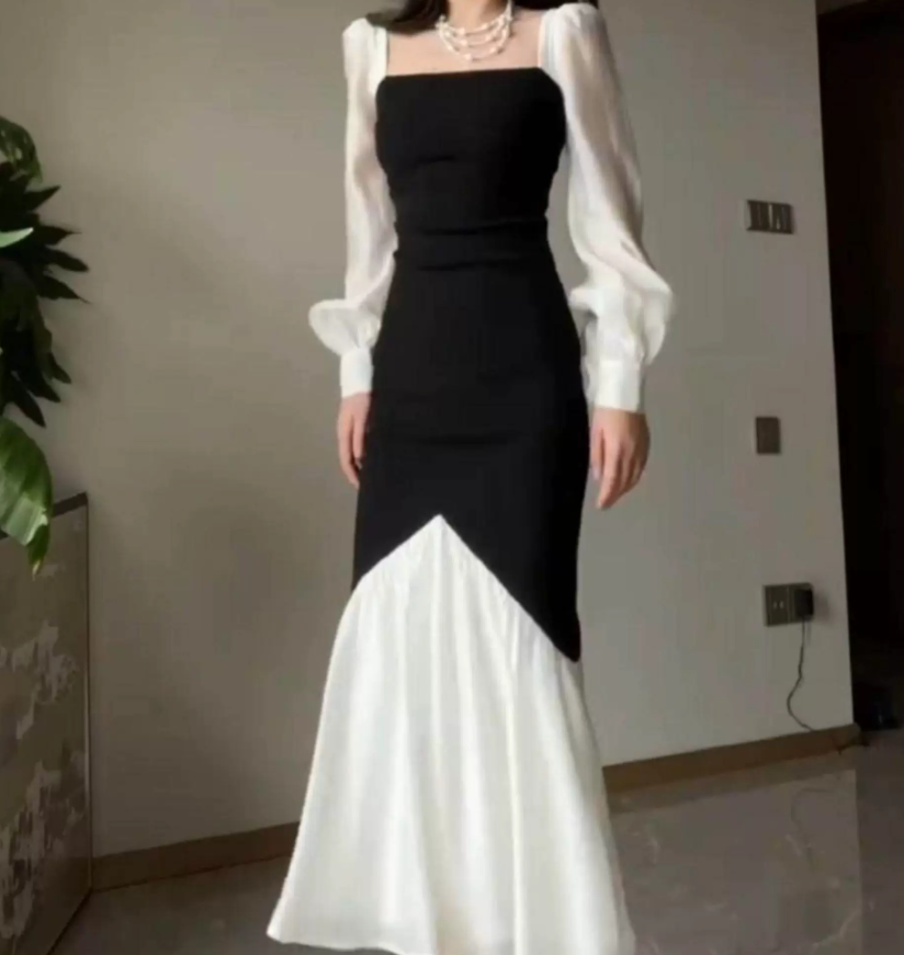 Classical Square Neck Black & White Prom Dress Long Sleeve Mermaid Evening Dress C9535
