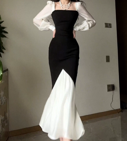Classical Square Neck Black & White Prom Dress Long Sleeve Mermaid Evening Dress C9535