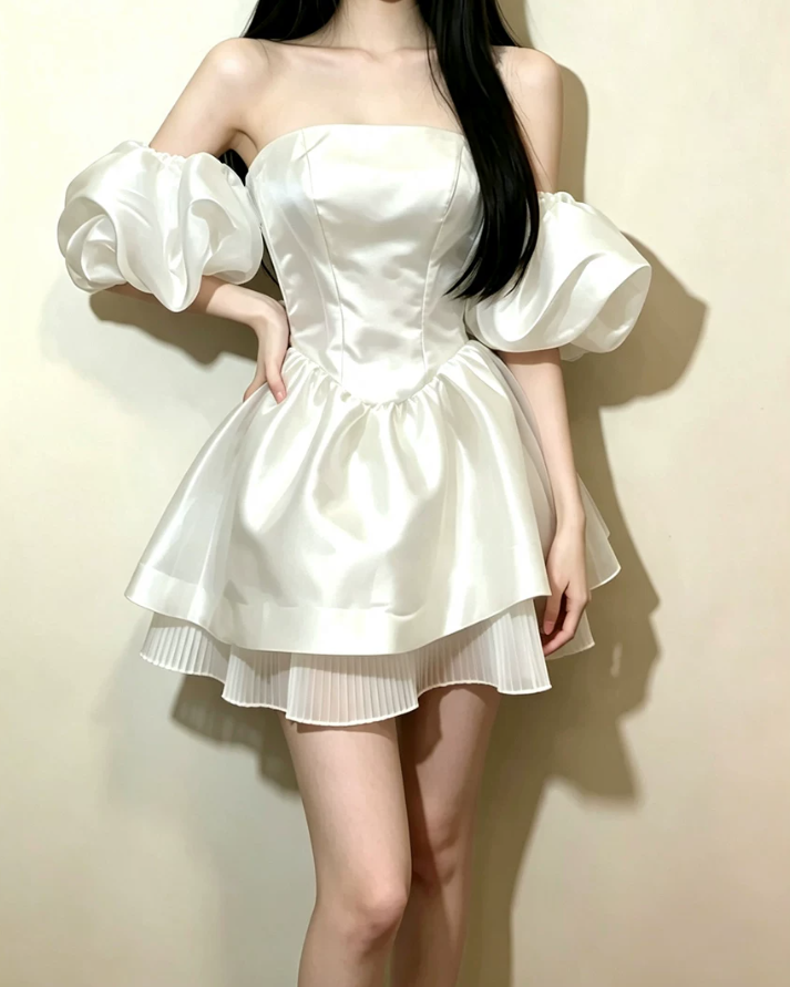 Mini robe de soirée en satin, sans bretelles, sans manches, ligne a, simple, C899