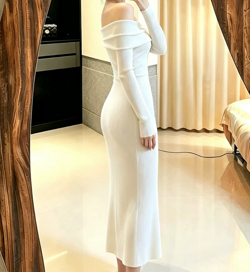 Elegant Off-Shoulder White Prom Dress White Sheath Evening Dress C9541