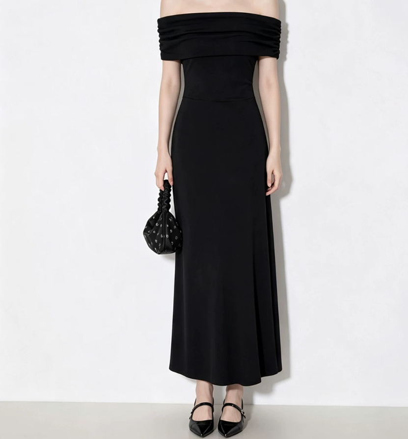 Vintage Off-Shoulder Prom Dress Black A-Line Evening Dress C9542